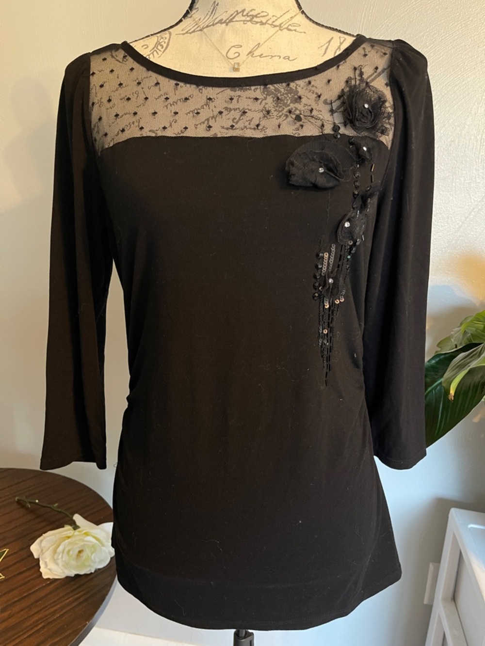 White House Black Market Black Mesh Floral Sequin Top Medium Goth Chic
